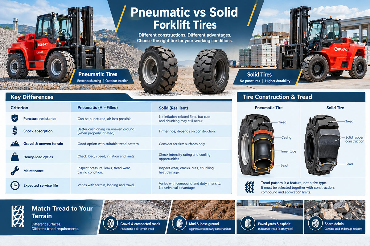How to Choose Tires for a Rough Terrain Forklift: Pneumatic, Solid and Off-Road Patterns