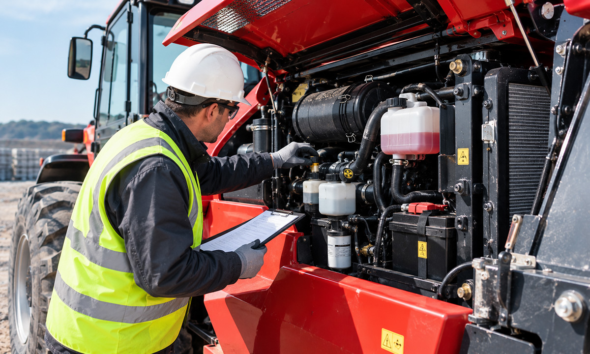 Telehandler operator completing a daily pre-shift inspection of tires, forks and hydraulic components before work.