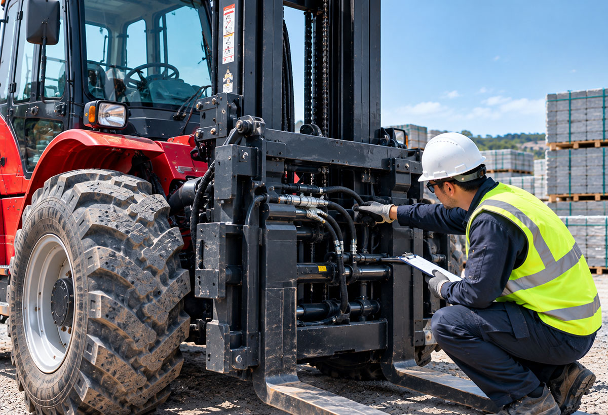 Technician checking forklift attachment mounting, hydraulic connections and capacity information before operation.